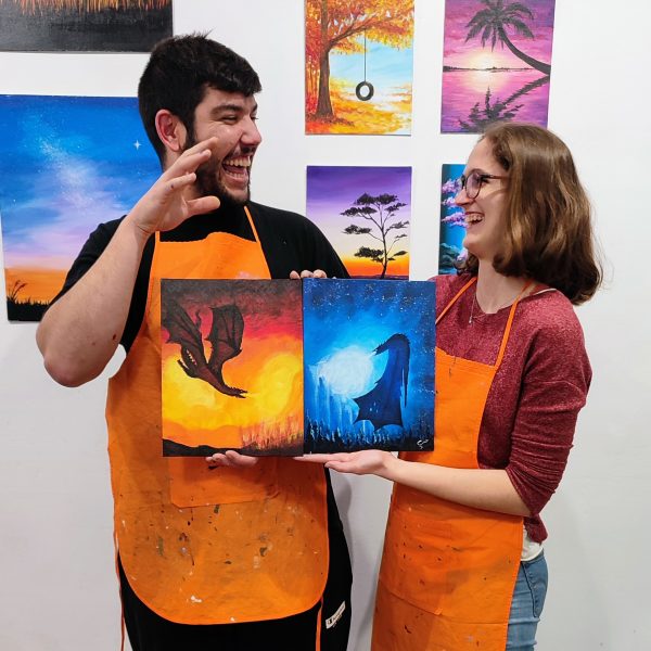 Dragones Pintar actividad en pareja arte en Barcelona Art Wine Pincelea