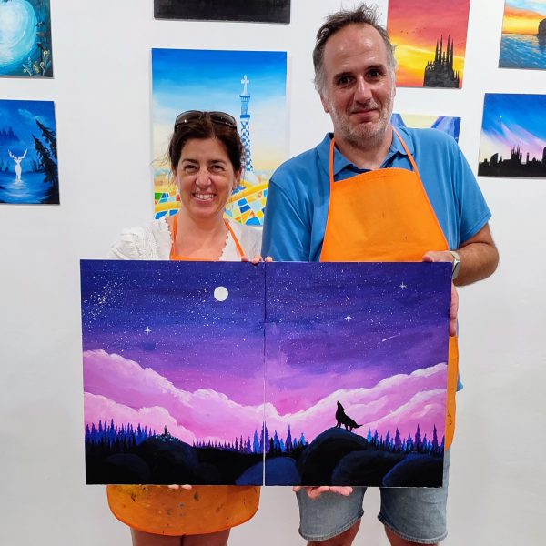 Lobo y luna pincelea aprender pintura barcelona actividades pareja art wine